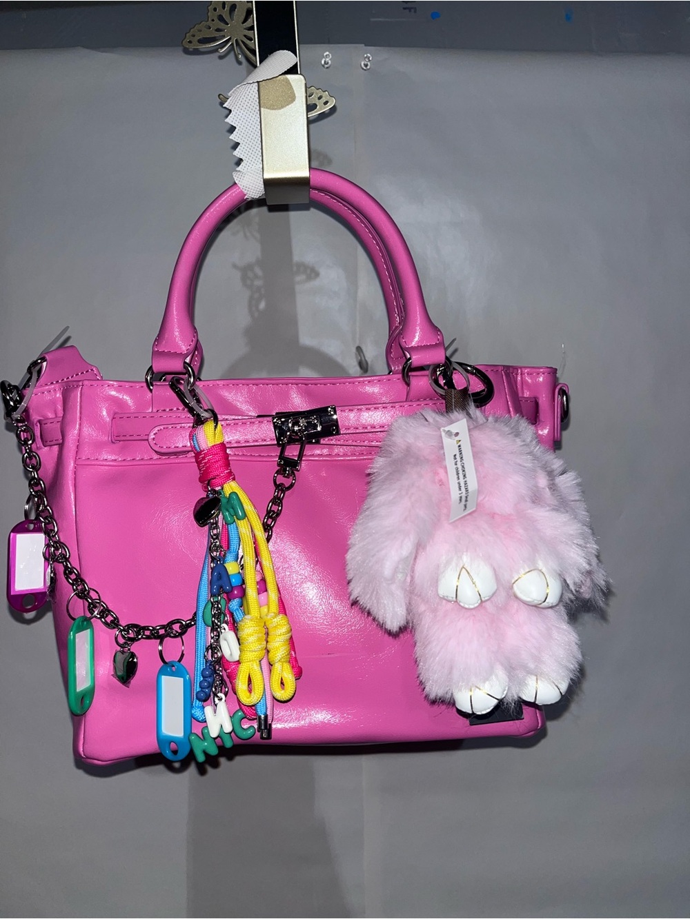 Bright Pink Faux Leather Crossbody Bag with Plush Charm